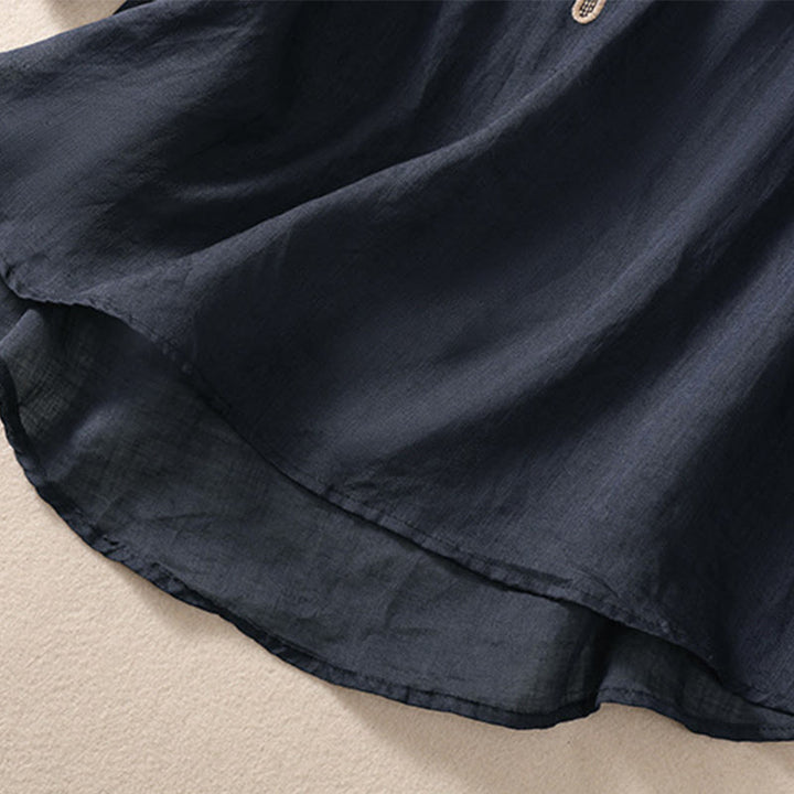 Camisa de lino y algodón de media manga con diseño hueco y cuello redondo para mujer de Buddha Stones