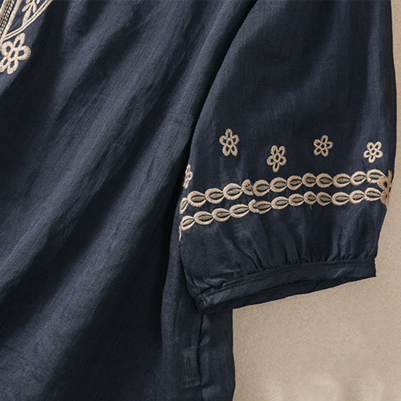 Camisa de lino y algodón de media manga con diseño hueco y cuello redondo para mujer de Buddha Stones