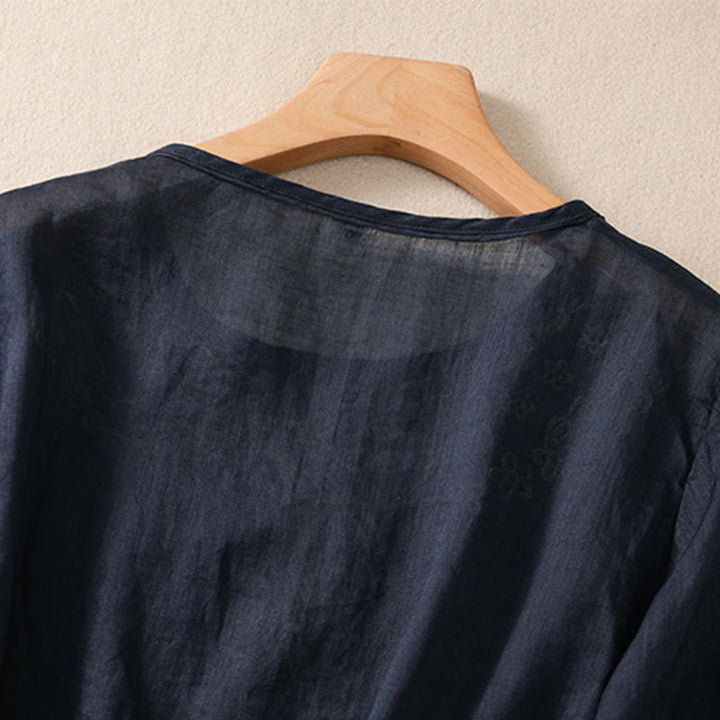 Camisa de lino y algodón de media manga con diseño hueco y cuello redondo para mujer de Buddha Stones