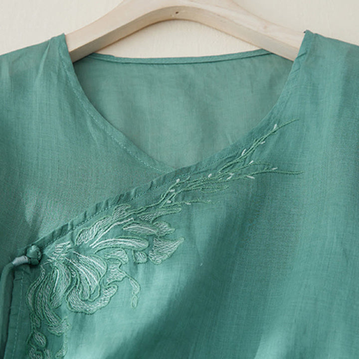 Camisa de lino y algodón con mangas tres cuartos y diseño de plantas bordadas para mujer con Buddha Stones - image 23