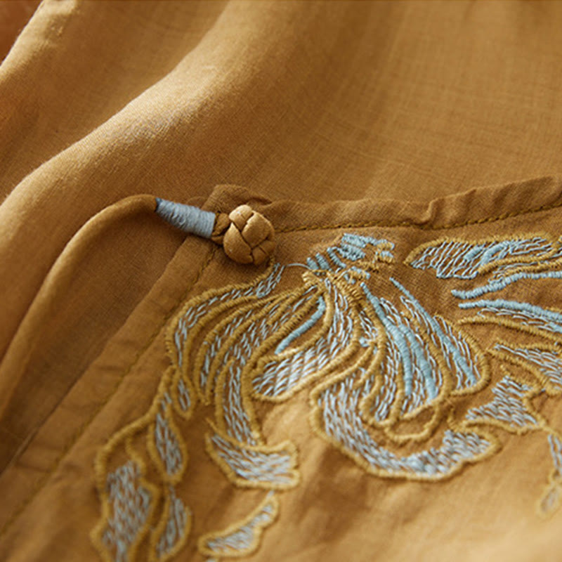 Camisa de lino y algodón con mangas tres cuartos y diseño de plantas bordadas para mujer con Buddha Stones - image 18