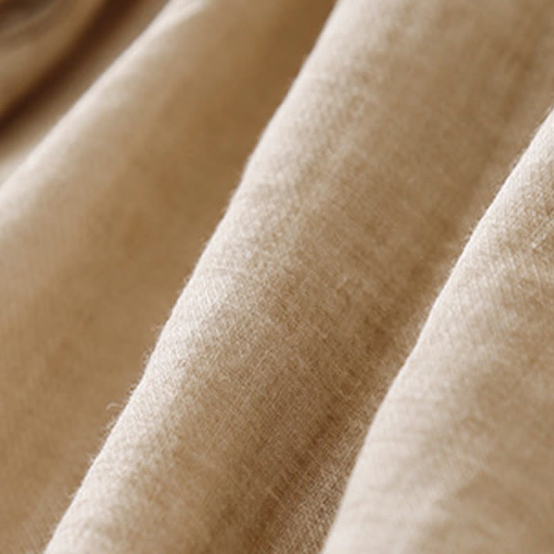 Camisa de lino y algodón para mujer con diseño informal de plantas bordadas y cuello alto, manga tres cuartos, con Buddha Stones