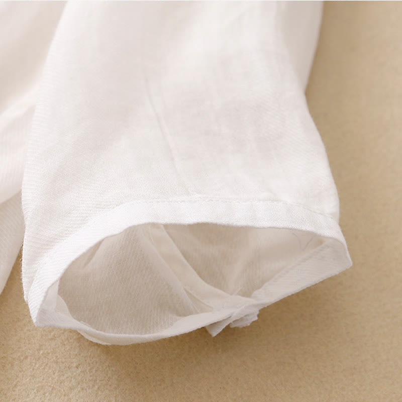 Camisa de lino y algodón para mujer con diseño informal de plantas bordadas y cuello alto, manga tres cuartos, con Buddha Stones