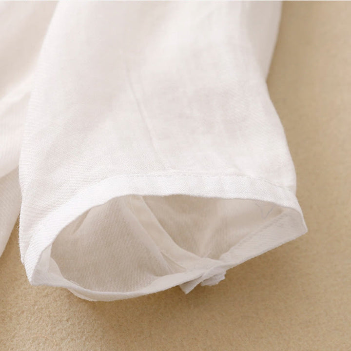 Camisa de lino y algodón para mujer con diseño informal de plantas bordadas y cuello alto, manga tres cuartos, con Buddha Stones