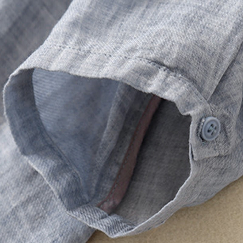 Camisa de lino y algodón para mujer con diseño informal de plantas bordadas y cuello alto, manga tres cuartos, con Buddha Stones