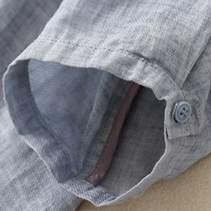 Camisa de lino y algodón para mujer con diseño informal de plantas bordadas y cuello alto, manga tres cuartos, con Buddha Stones