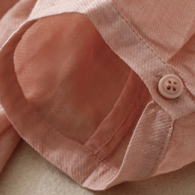 Camisa de lino y algodón para mujer con diseño informal de plantas bordadas y cuello alto, manga tres cuartos, con Buddha Stones