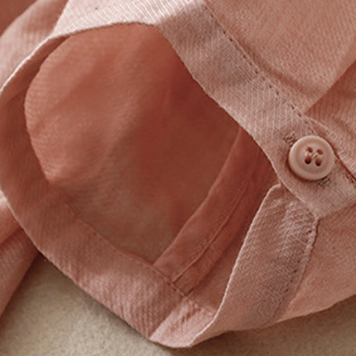 Camisa de lino y algodón para mujer con diseño informal de plantas bordadas y cuello alto, manga tres cuartos, con Buddha Stones