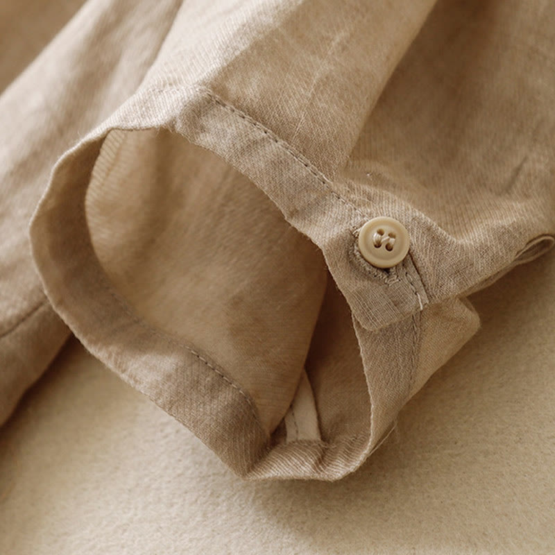 Camisa de lino y algodón para mujer con diseño informal de plantas bordadas y cuello alto, manga tres cuartos, con Buddha Stones