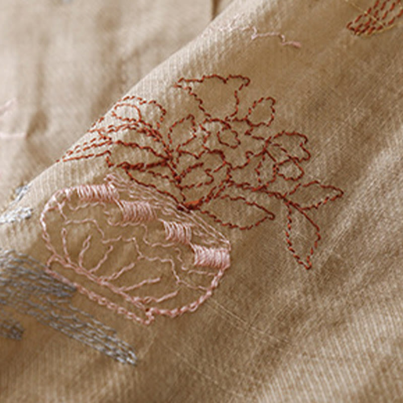 Camisa de lino y algodón para mujer con diseño informal de plantas bordadas y cuello alto, manga tres cuartos, con Buddha Stones