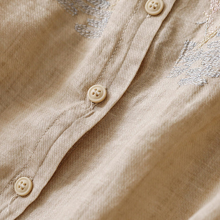 Camisa de lino y algodón para mujer con diseño informal de plantas bordadas y cuello alto, manga tres cuartos, con Buddha Stones