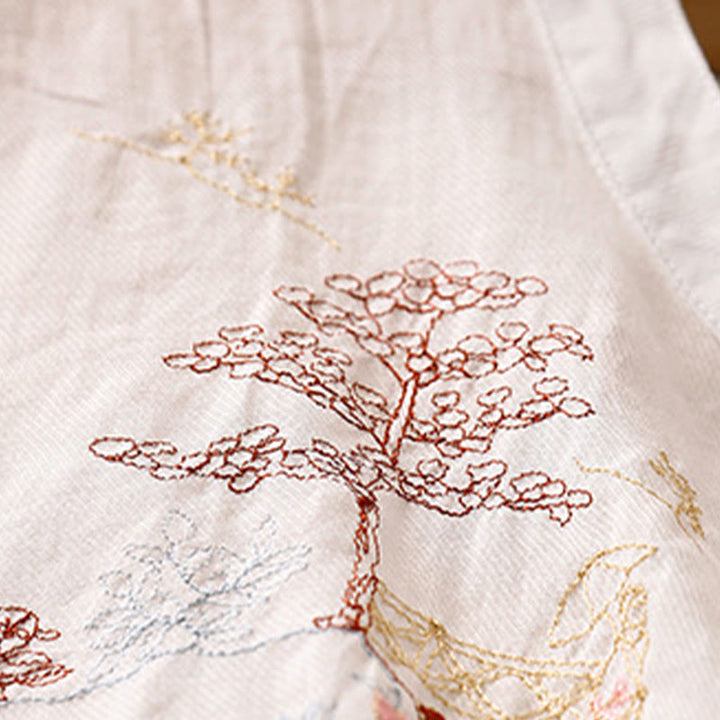 Camisa de lino y algodón para mujer con diseño informal de plantas bordadas y cuello alto, manga tres cuartos, con Buddha Stones