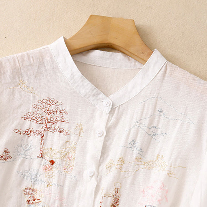 Camisa de lino y algodón para mujer con diseño informal de plantas bordadas y cuello alto, manga tres cuartos, con Buddha Stones