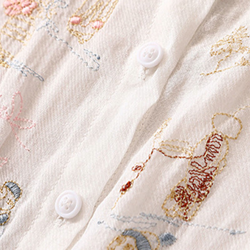 Camisa de lino y algodón para mujer con diseño informal de plantas bordadas y cuello alto, manga tres cuartos, con Buddha Stones