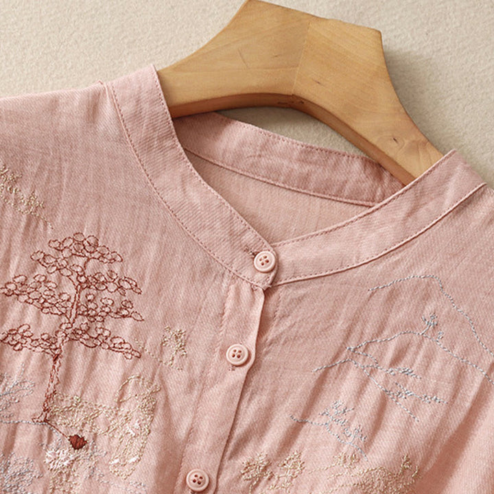 Camisa de lino y algodón para mujer con diseño informal de plantas bordadas y cuello alto, manga tres cuartos, con Buddha Stones
