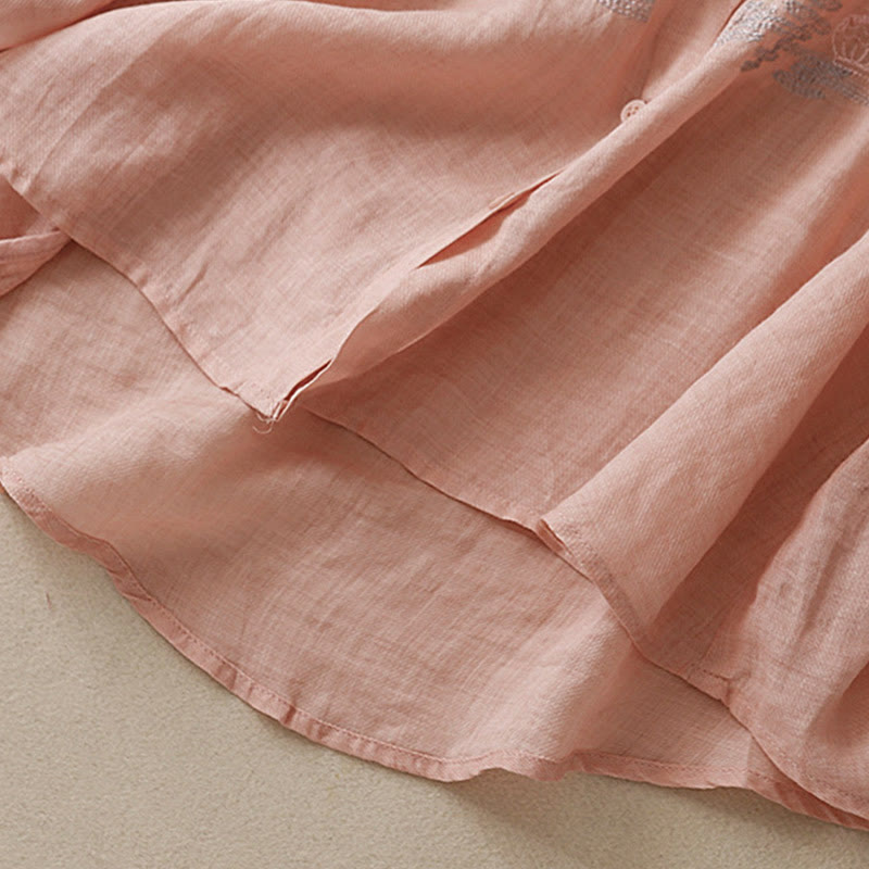 Camisa de lino y algodón para mujer con diseño informal de plantas bordadas y cuello alto, manga tres cuartos, con Buddha Stones