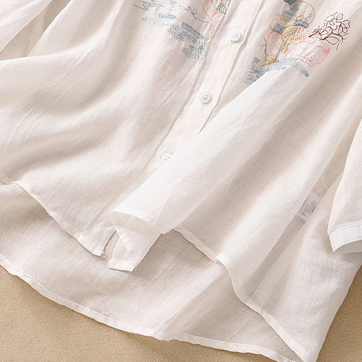 Camisa de lino y algodón para mujer con diseño informal de plantas bordadas y cuello alto, manga tres cuartos, con Buddha Stones