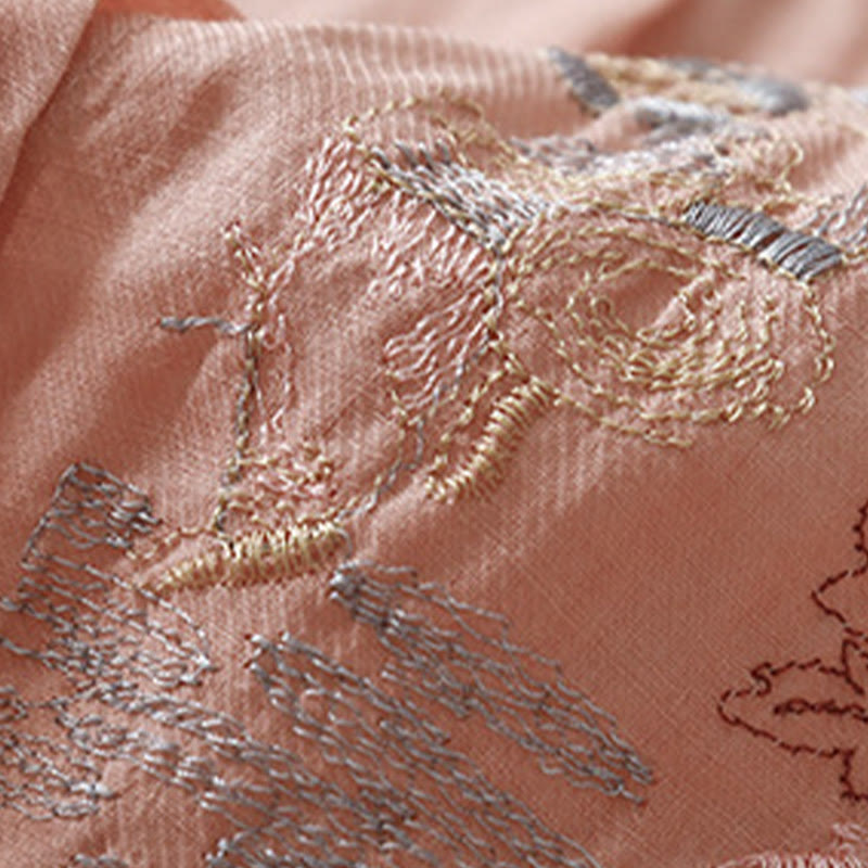 Camisa de lino y algodón para mujer con diseño informal de plantas bordadas y cuello alto, manga tres cuartos, con Buddha Stones