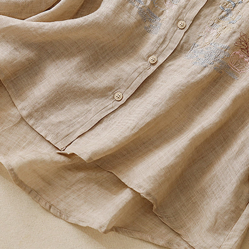 Camisa de lino y algodón para mujer con diseño informal de plantas bordadas y cuello alto, manga tres cuartos, con Buddha Stones