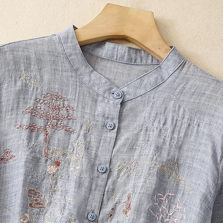 Camisa de lino y algodón para mujer con diseño informal de plantas bordadas y cuello alto, manga tres cuartos, con Buddha Stones