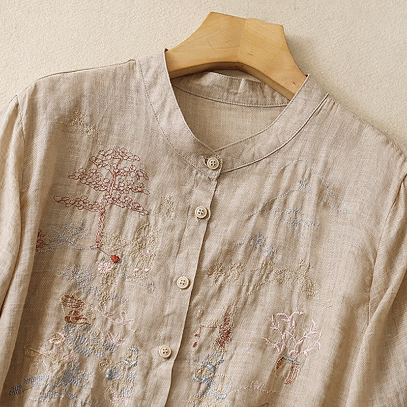 Camisa de lino y algodón para mujer con diseño informal de plantas bordadas y cuello alto, manga tres cuartos, con Buddha Stones