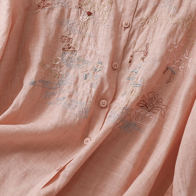 Camisa de lino y algodón para mujer con diseño informal de plantas bordadas y cuello alto, manga tres cuartos, con Buddha Stones