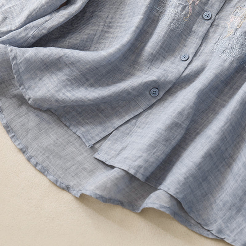 Camisa de lino y algodón para mujer con diseño informal de plantas bordadas y cuello alto, manga tres cuartos, con Buddha Stones
