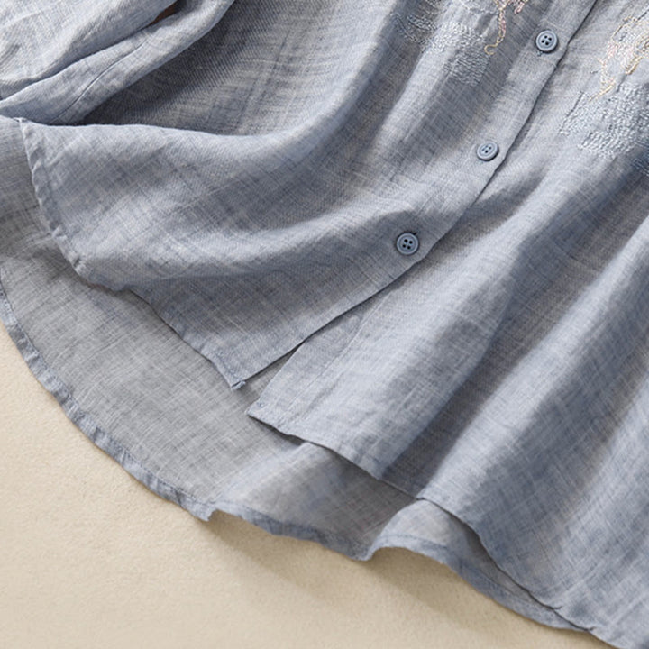 Camisa de lino y algodón para mujer con diseño informal de plantas bordadas y cuello alto, manga tres cuartos, con Buddha Stones