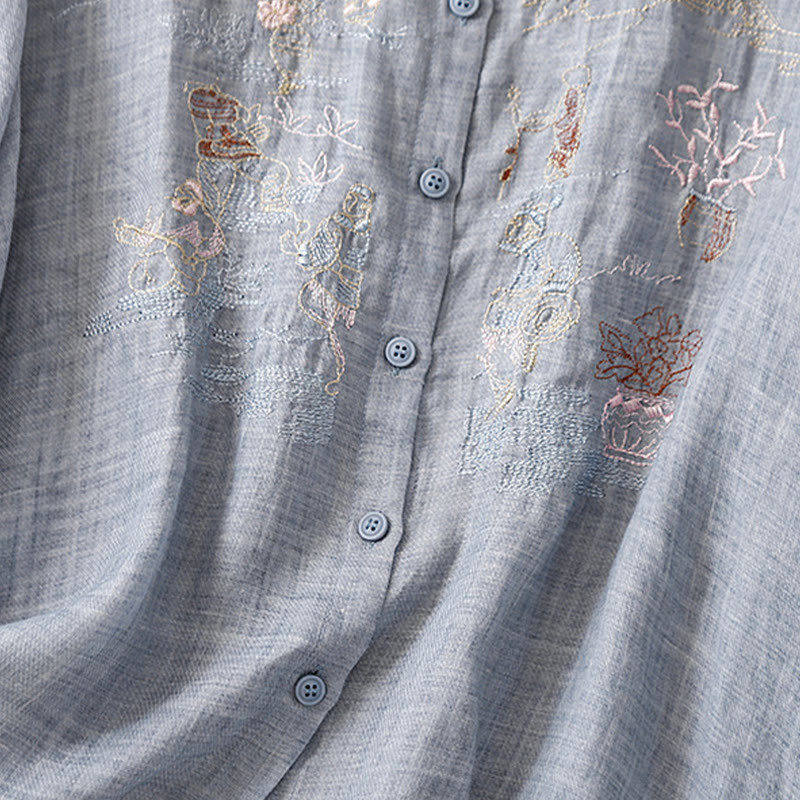 Camisa de lino y algodón para mujer con diseño informal de plantas bordadas y cuello alto, manga tres cuartos, con Buddha Stones