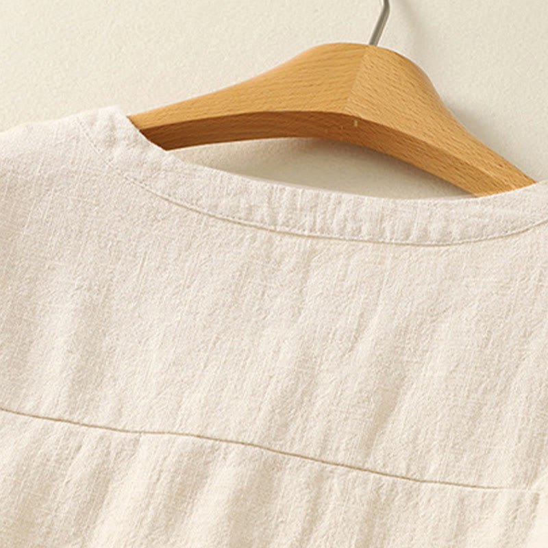 Camisa de lino y algodón lisa con diseño de manga larga y cuello alto holgado informal para mujer con Buddha Stones - image 7