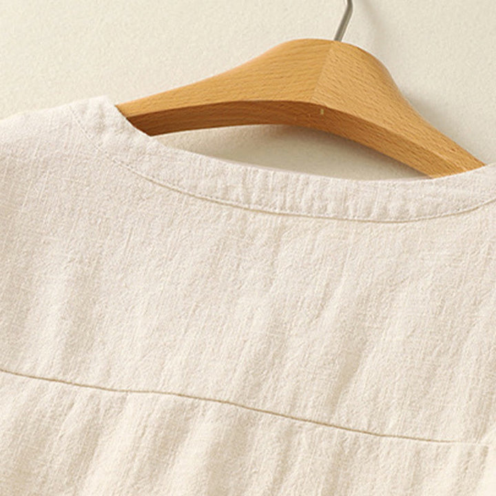 Camisa de lino y algodón lisa con diseño de manga larga y cuello alto holgado informal para mujer con Buddha Stones - image 7