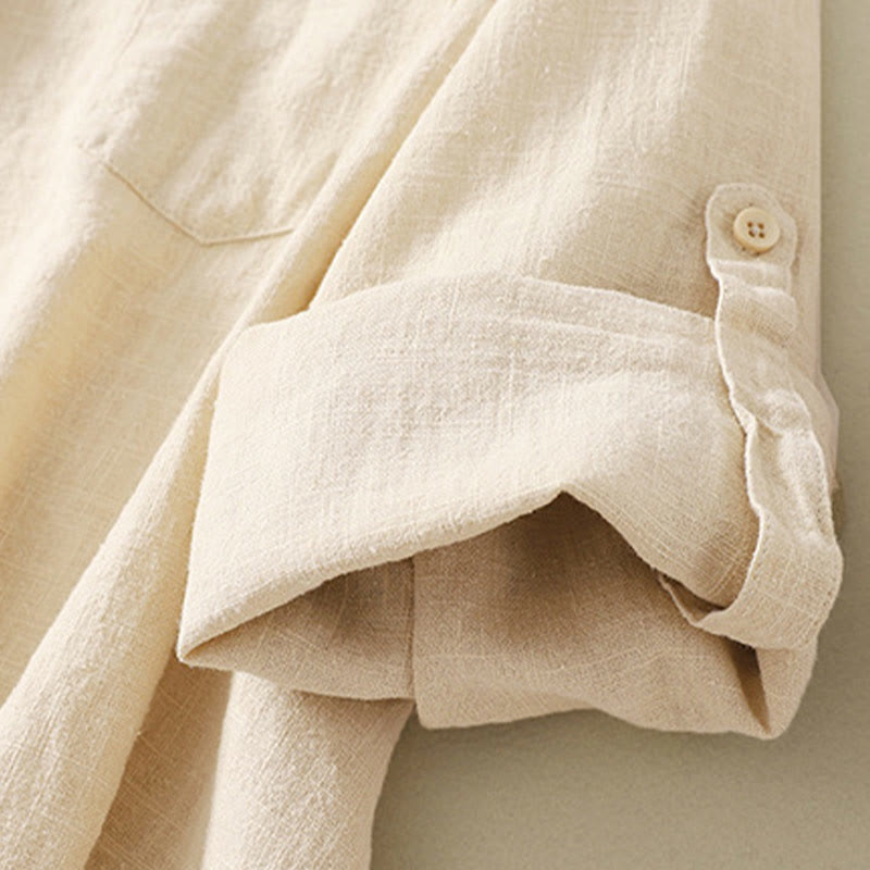 Camisa de lino y algodón lisa con diseño de manga larga y cuello alto holgado informal para mujer con Buddha Stones - image 11