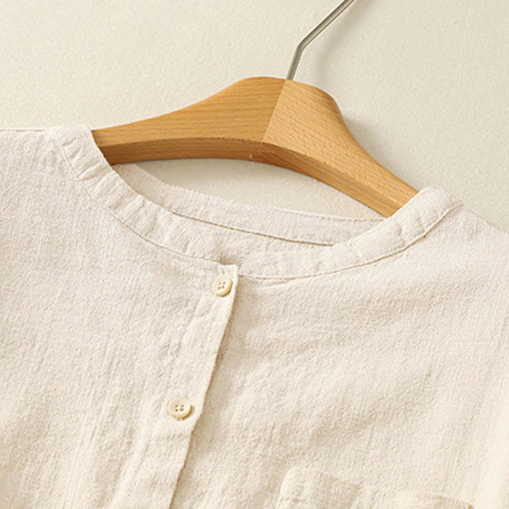 Camisa de lino y algodón lisa con diseño de manga larga y cuello alto holgado informal para mujer con Buddha Stones - image 6