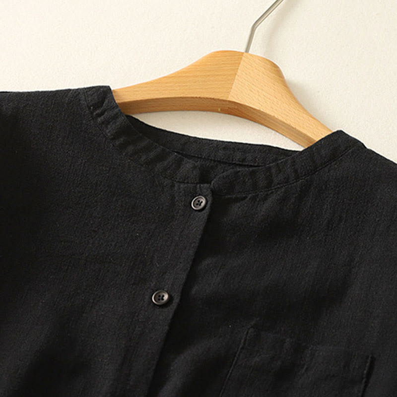 Camisa de lino y algodón lisa con diseño de manga larga y cuello alto holgado informal para mujer con Buddha Stones - image 14