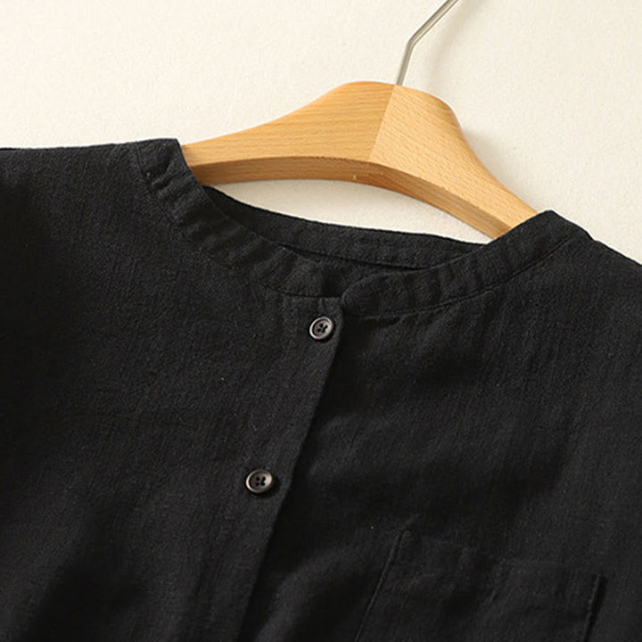 Camisa de lino y algodón lisa con diseño de manga larga y cuello alto holgado informal para mujer con Buddha Stones - image 14