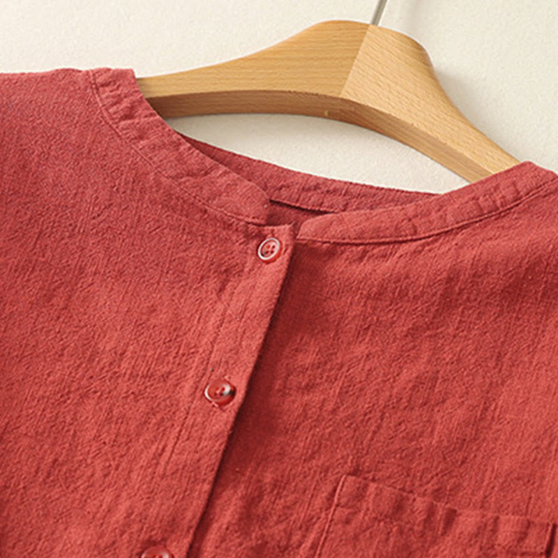 Camisa de lino y algodón lisa con diseño de manga larga y cuello alto holgado informal para mujer con Buddha Stones - image 1