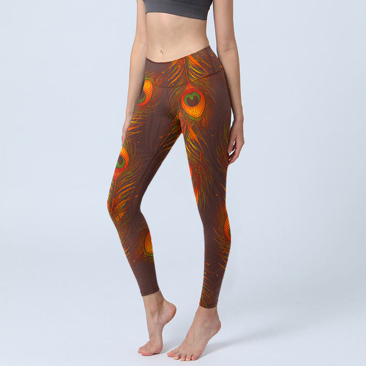Leggings de yoga para mujer con estampado de plumas de pavo real marrón y Buddha Stones - SaddleBrown - US18,UK/AU22,EU50 (4XL) - image 1