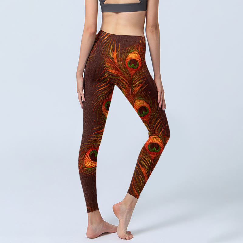 Leggings de yoga para mujer con estampado de plumas de pavo real marrón y Buddha Stones - image 5