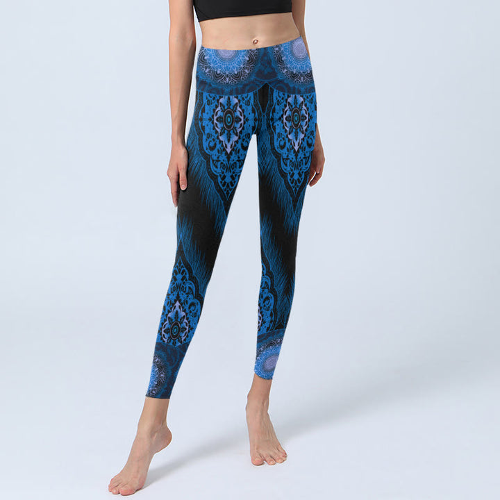 Leggings de yoga para mujer con estampado de plumas de mandala azul y Buddha Stones - image 6