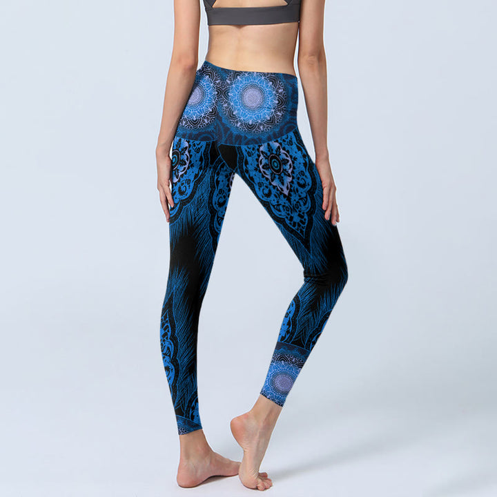 Leggings de yoga para mujer con estampado de plumas de mandala azul y Buddha Stones - image 4