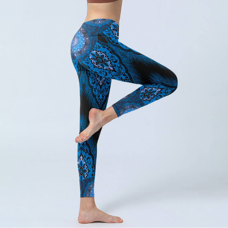 Leggings de yoga para mujer con estampado de plumas de mandala azul y Buddha Stones - image 5