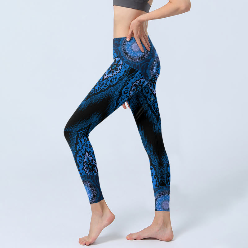 Leggings de yoga para mujer con estampado de plumas de mandala azul y Buddha Stones - image 3