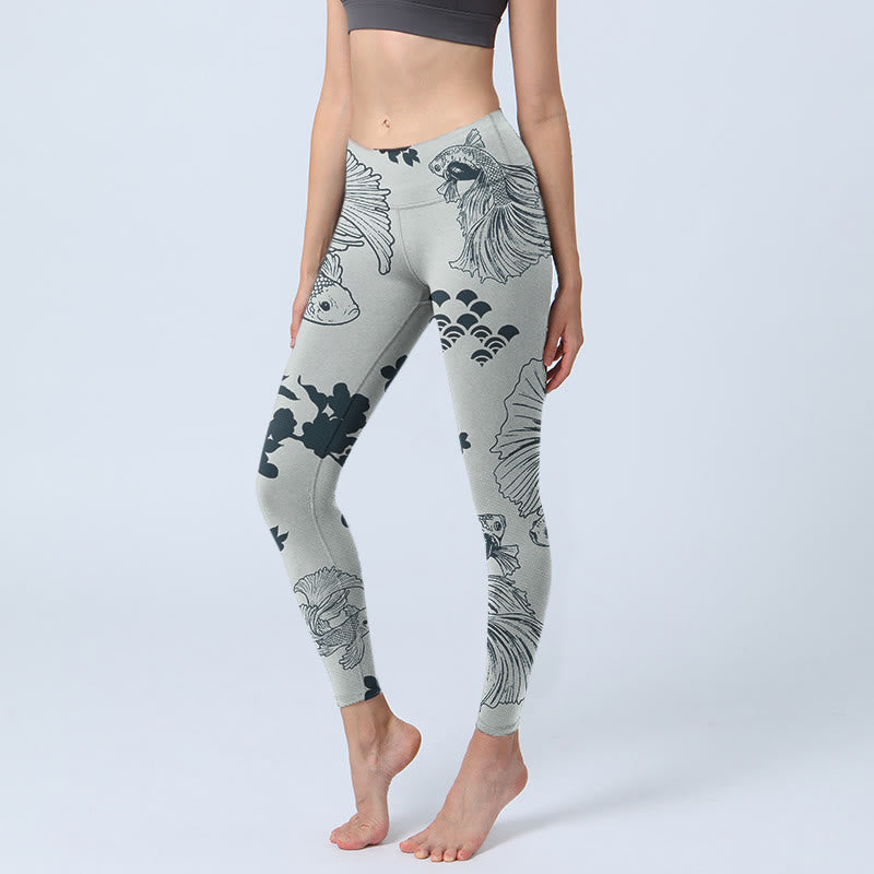 Leggings de yoga para mujer con estampado floral de ondas y peces koi grises y Buddha Stones - Plata - US18,UK/AU22,EU50 (4XL) - image 1