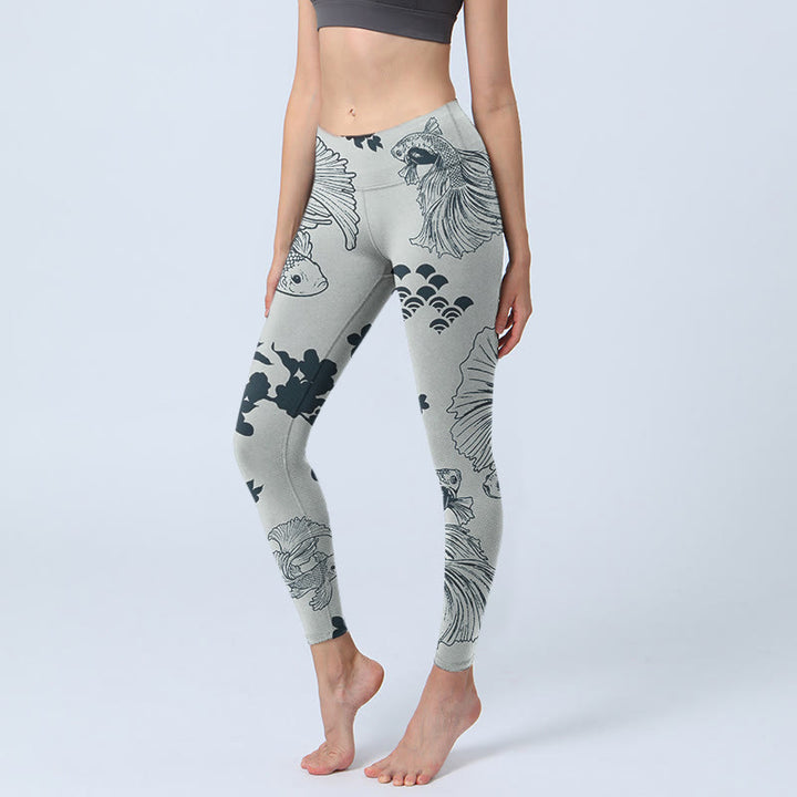 Leggings de yoga para mujer con estampado floral de ondas y peces koi grises y Buddha Stones - Plata - US18,UK/AU22,EU50 (4XL) - image 1