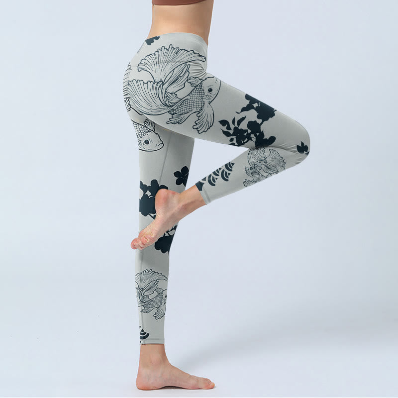 Leggings de yoga para mujer con estampado floral de ondas y peces koi grises y Buddha Stones - image 4