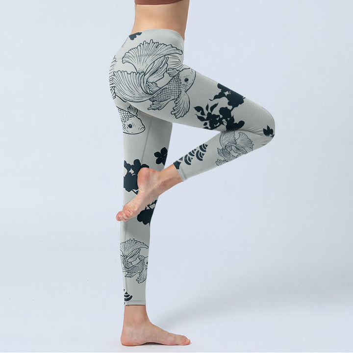 Leggings de yoga para mujer con estampado floral de ondas y peces koi grises y Buddha Stones - image 4