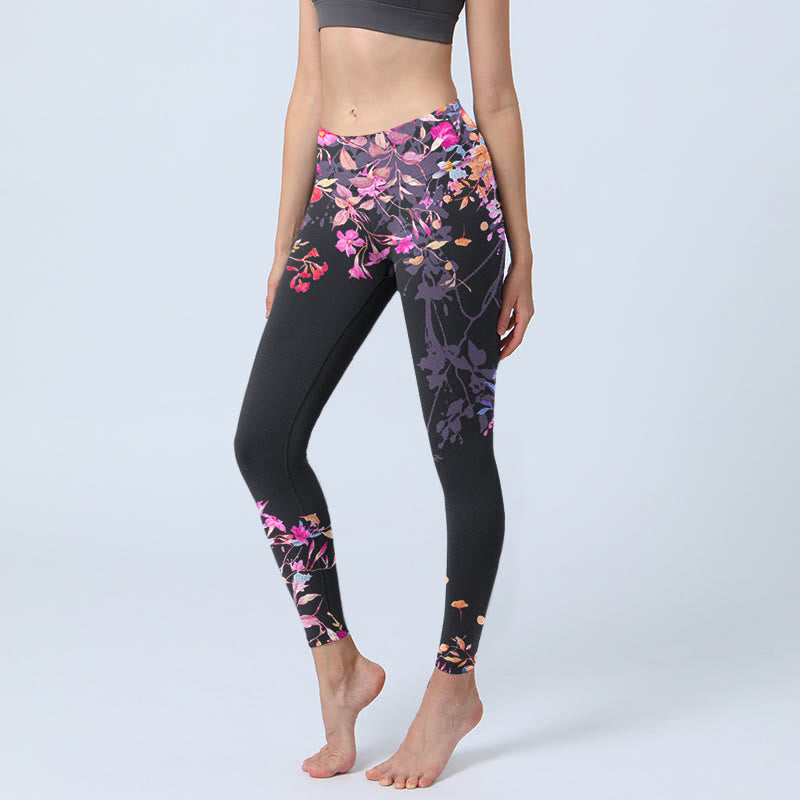 Leggings de yoga para mujer con estampado floral de hojas y Buddha Stones en color negro y rosa - Negro - US18,UK/AU22,EU50 (4XL) - image 1