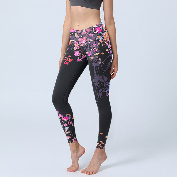 Leggings de yoga para mujer con estampado floral de hojas y Buddha Stones en color negro y rosa - Negro - US18,UK/AU22,EU50 (4XL) - image 1