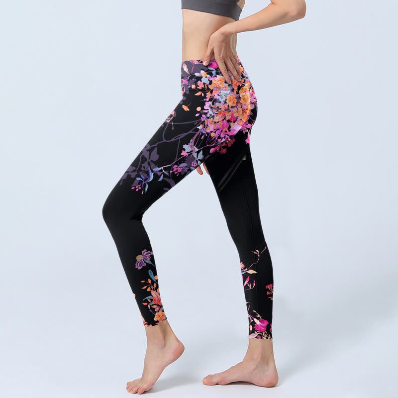 Leggings de yoga para mujer con estampado floral de hojas y Buddha Stones en color negro y rosa - image 3