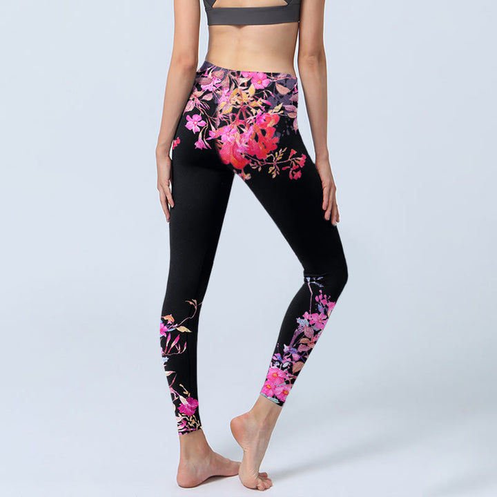 Leggings de yoga para mujer con estampado floral de hojas y Buddha Stones en color negro y rosa - image 4